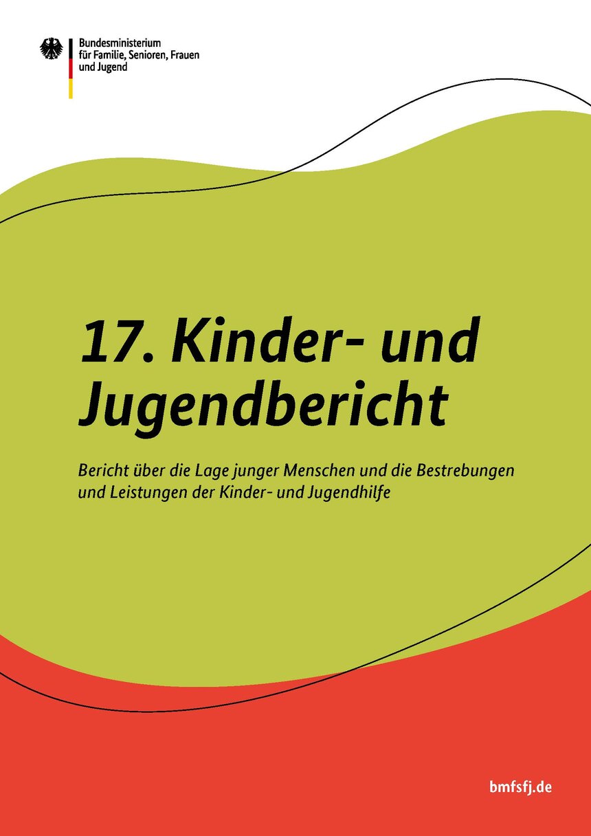 Titelbild des Berichts. In der oberen linken Ecke ist das Logo des Bundesministeriums für Familie, Senioren, Frauen und Jugend zusehen. In der rechten unteren Ecke die Webseite des Ministeriums. In der Mitte, auf weiß-grün-rotem Hintergrund steht die Übe