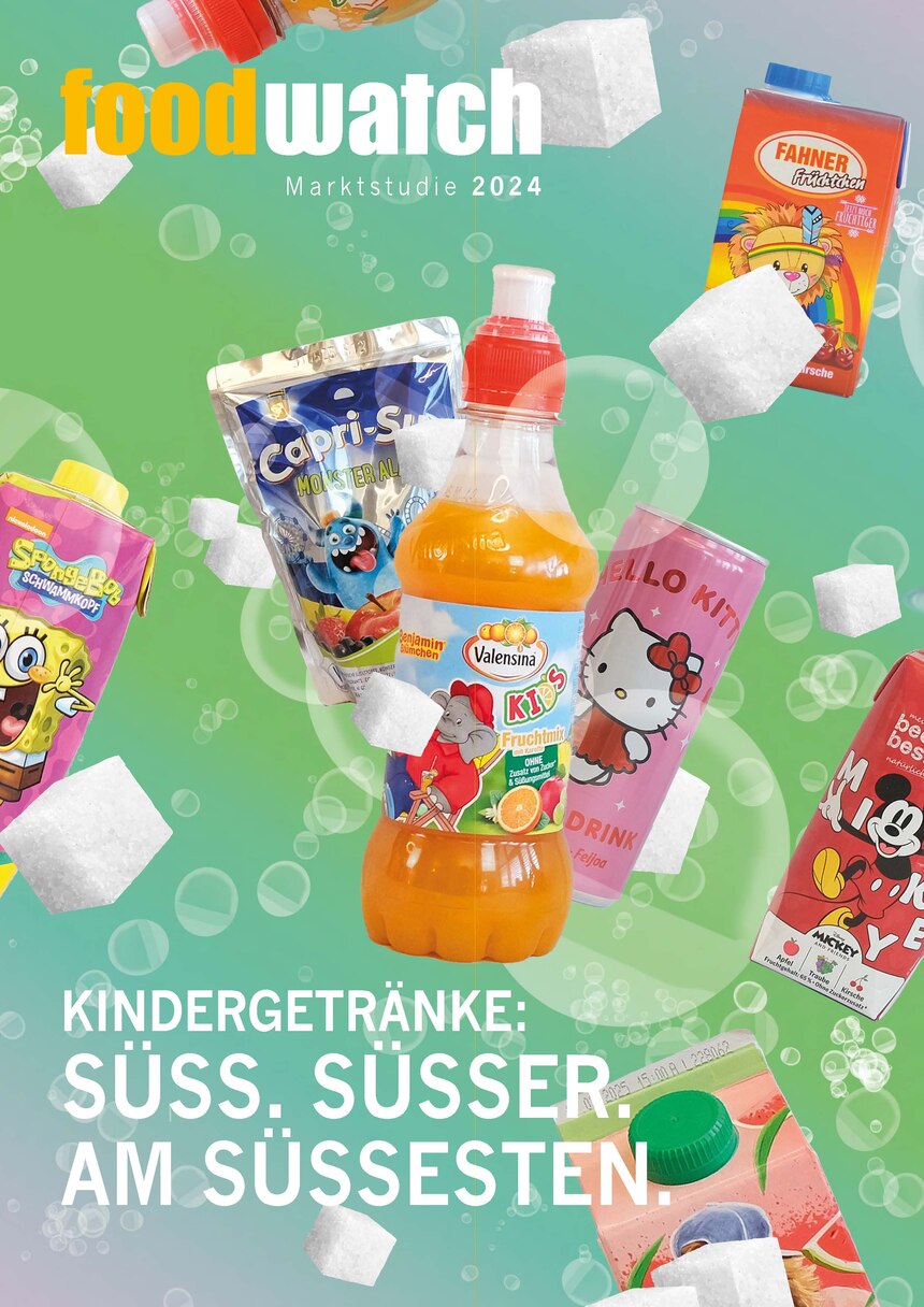 Titelbild der Foodwatch-Marktstudie. Dabei sieht man verschiedene Kindergetränke und Würfelzucker auf einem grünen Hintergrund.