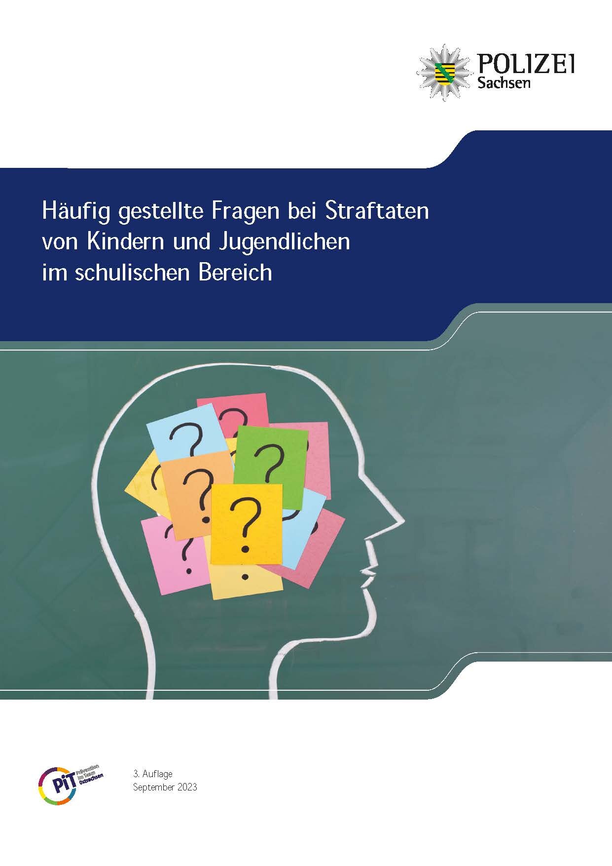 Titelbild der Broschüre. In der Mitte sieht man die grobe Umrisse eines Kopfs im Profil. In der Mitte des Kopfs sind viele bunte Quadrate mit Fragezeichen abgebildet.