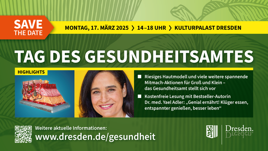 Plakat mit Informationen zur Veranstaltung auf grünem Hintergrund. Zu den Highlights der Veranstaltung sind jeweils ein Bild eines Hautmodells und ein Portraitbild von Dr. med. Yael Adler beigefügt.