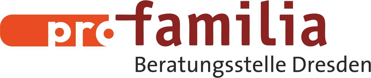 Das Logo besteht aus dem Schriftzug pro familia Beratungsstelle Dresden in den Farben Rot und Orange